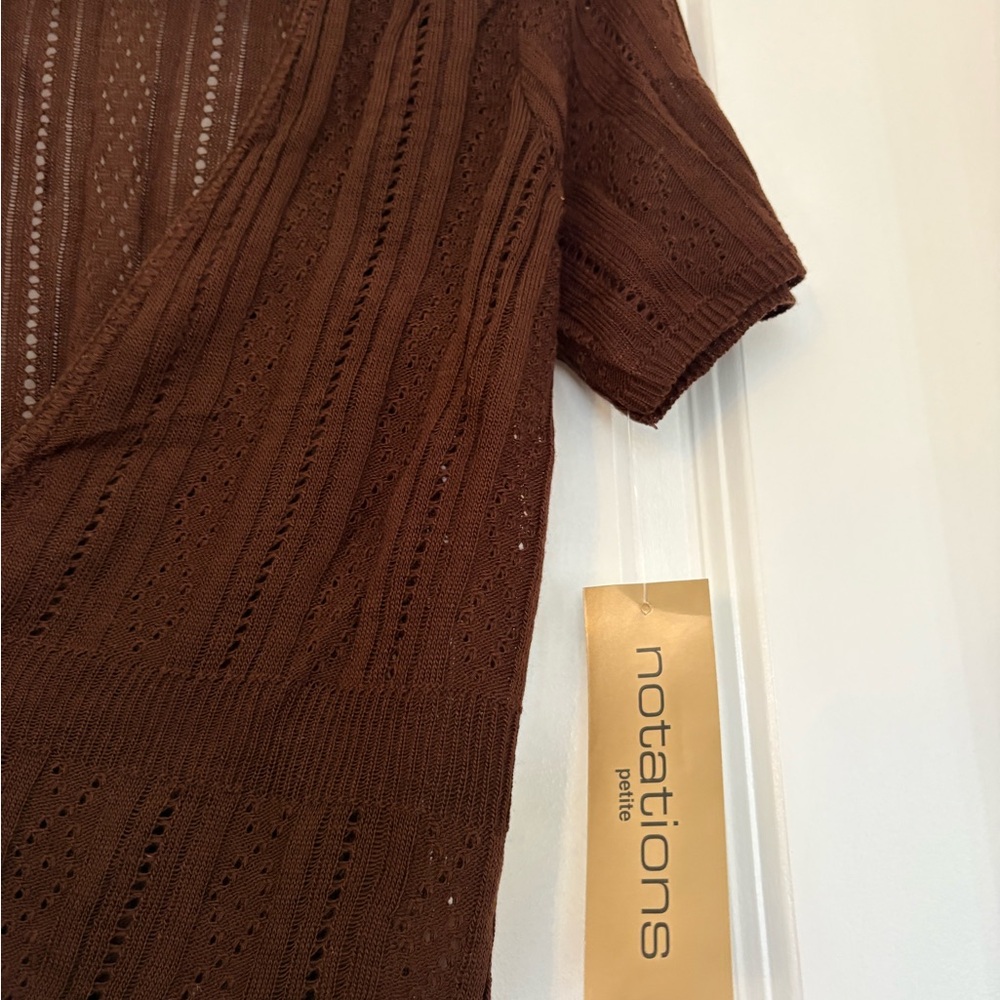 NEW Notations Women PM  Brown Open-Knit Tie Front Cardigan Sweater Short Sleeve - Picture 6 of 7
